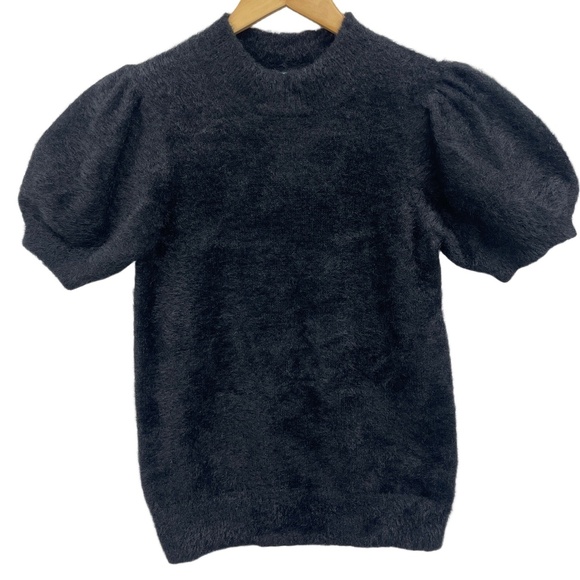 CeCe Black High Neck Fuzzy Sweater Short Puff Sleeves Pullover Size Small - Picture 1 of 8